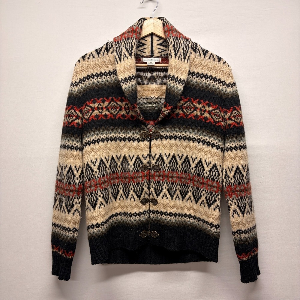 Susan Bristol 100 Wool Shawl Collar Clasp Cardigan XS Aztec Cabincore Old Money